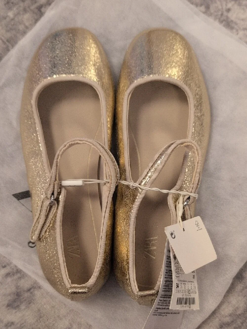 Zara Shimmery Gold Mary Jane Flats with Strap